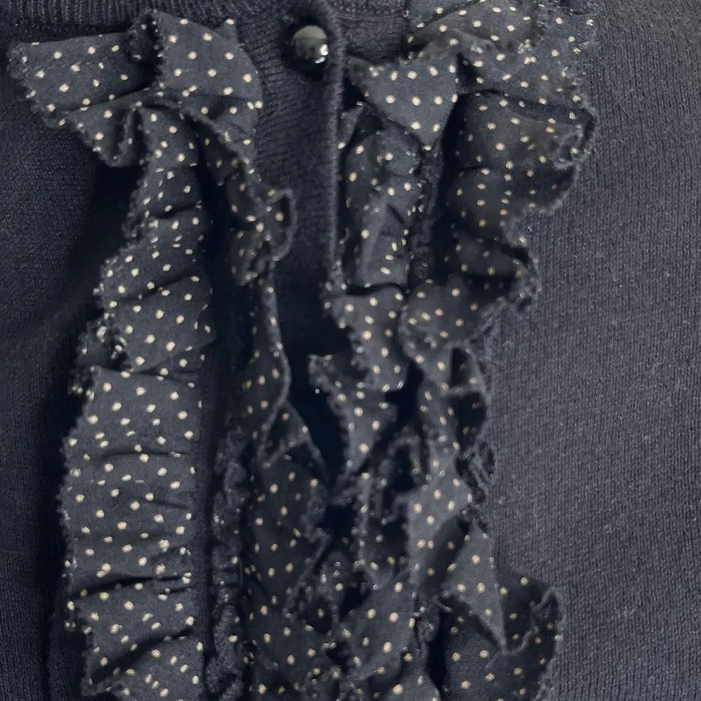Talbots Silk Blend Button Front Polka Dot Ruffle Black Cardigan Womens Medium